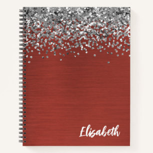 Silver Glitter Red Brushed Metal Monogram Notebook