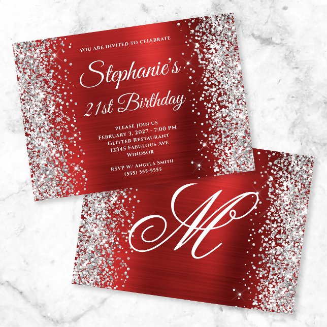 Silver Glitter Red Fancy Monogram 21st Birthday Invitation (Creator Uploaded)