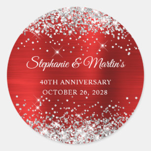 Silver Glitter Red Foil 40th Wedding Anniversary Classic Round Sticker
