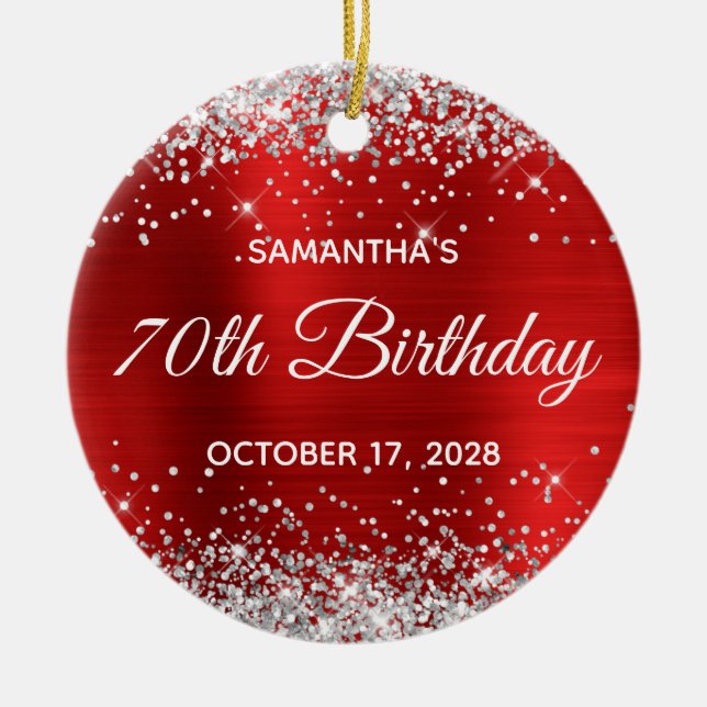 Silver Glitter Red Foil 70th Birthday Ceramic Ornament (Front)