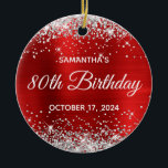 Silver Glitter Red Foil 80th Birthday Ceramic Ornament<br><div class="desc">Create your own 80th birthday circle ornament for your mother-in-law. Customise the block text and/or calligraphy font style. Change the text for any special or milestone birthday. The digital art background features a faux silver glitter and ruby red ombre foil. On the backside, you can add a family photo if...</div>