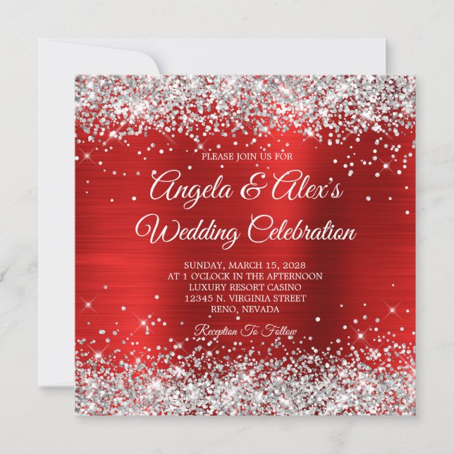 Silver Glitter Red Foil Elegant Wedding Invitation (Front)