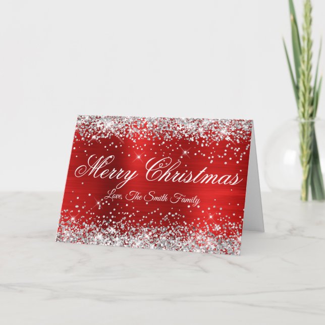 Silver Glitter Red Foil Family Photo Card (Front)