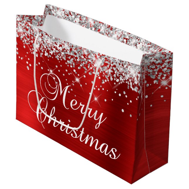 Silver Glitter Red Foil Fancy Merry Christmas Large Gift Bag (Front Angled)