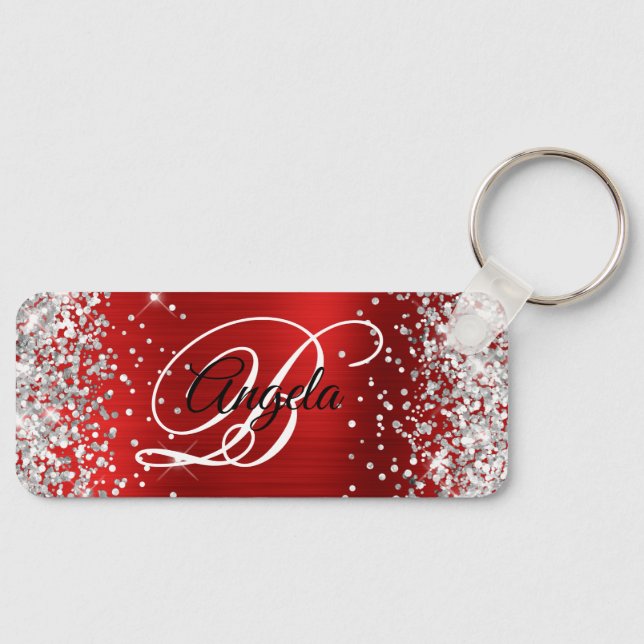 Silver Glitter Red Foil Fancy Monogram Key Ring (Front)