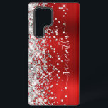 Silver Glitter Red Foil Girly Signature Samsung Galaxy Case<br><div class="desc">Girly faux sparkly silvery glitter highlights on the left edge, over a faux bright jewel tone red ombre brushed metal foil. The modern girly signature features an elegant white calligraphy font with decorative tails in a vertical format. Customise the font styles or move the sparkle graphics to create your own...</div>