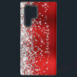 Silver Glitter Red Foil Girly Signature Samsung Galaxy Case<br><div class="desc">Girly faux sparkly silvery glitter highlights on the left edge, over a faux bright jewel tone red ombre brushed metal foil. The modern girly signature features an elegant white calligraphy font with decorative tails in a vertical format. Customise the font styles or move the sparkle graphics to create your own...</div>