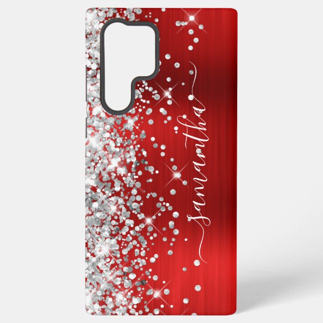 Silver Glitter Red Foil Girly Signature Samsung Galaxy S22 Ultra Case (Back)