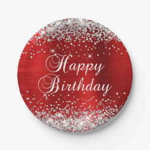 Silver Glitter Red Foil Happy Birthday Paper Plate