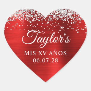 Silver Glitter Red Foil Mis XV Anos Birthday Heart Sticker