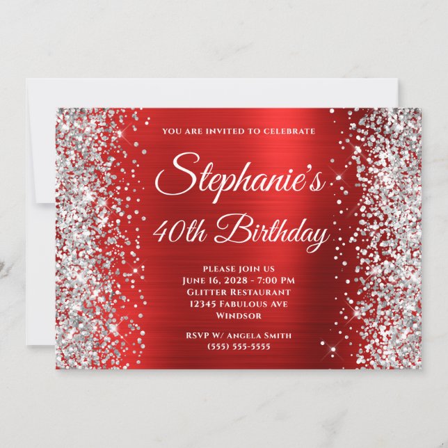 Silver Glitter Red Foil Monogram 40th Birthday Invitation (Front)