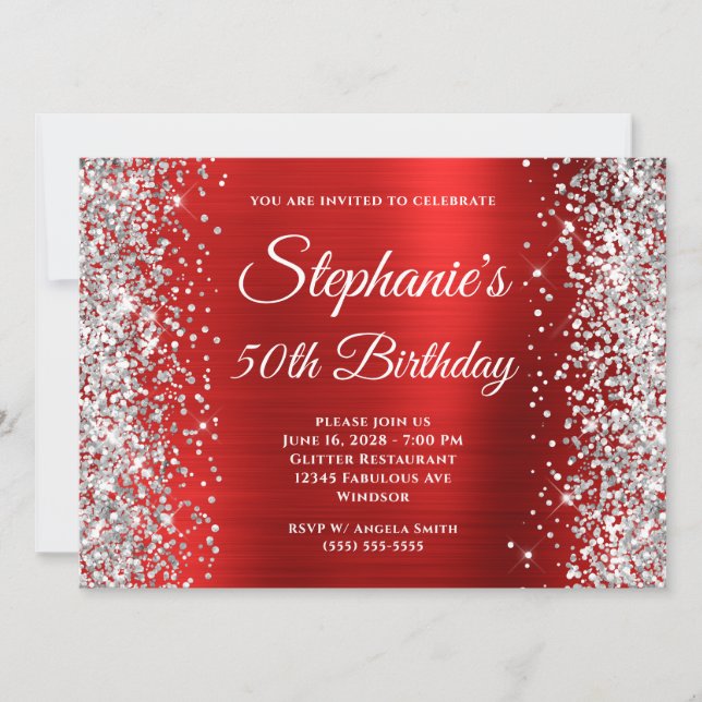 Silver Glitter Red Foil Monogram 50th Birthday Invitation (Front)