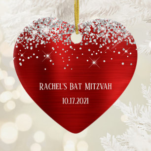Silver Glitter Red Foil Personalised Bat Mitzvah Ceramic Ornament