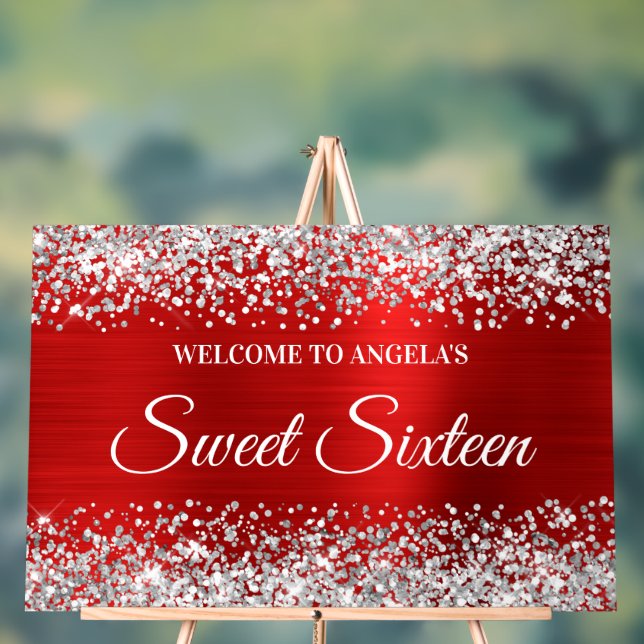 Silver Glitter Red Foil Sweet Sixteen Acrylic Sign (Neutral)