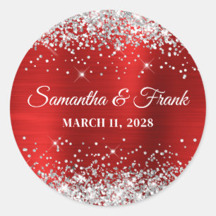 Silver Glitter Red Foil Wedding Classic Round Sticker