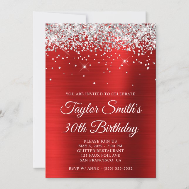 Silver Glitter Red Glam 30th Birthday Invitation (Front)