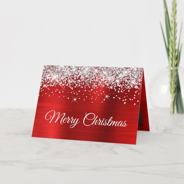 Silver Glitter Red Merry Christmas Family Photo Card (Front)