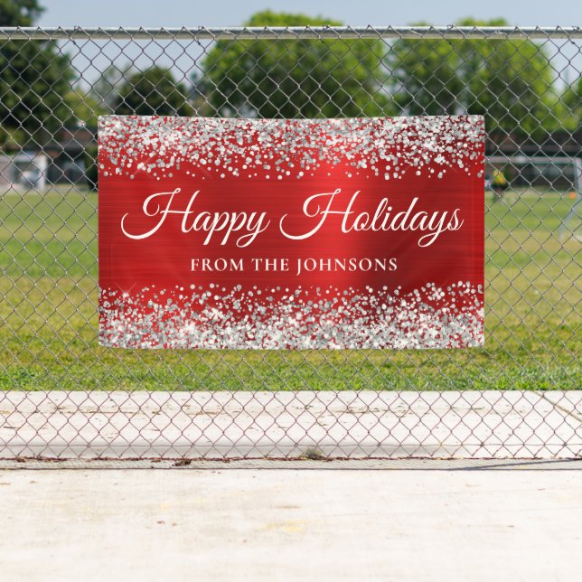 Silver Glitter Red Personalised Happy Holidays Banner (Insitu)