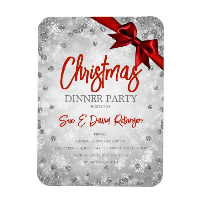 Silver Glitter Red Ribbon Xmas Holiday Invite Magnet (Vertical)