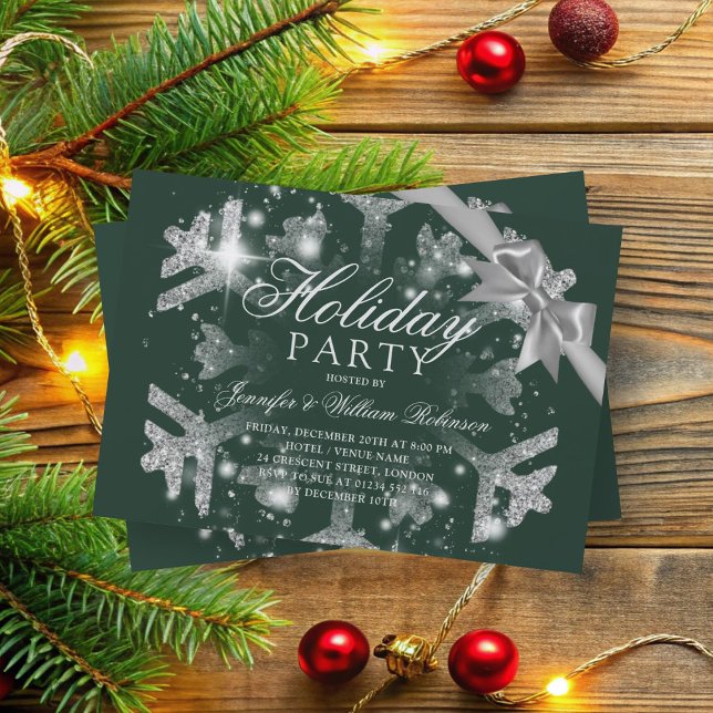 Silver Glitter & Ribbon | Xmas Holiday Green Invitation (Silver Glitter & Ribbon | Xmas Holiday Green Invitation)