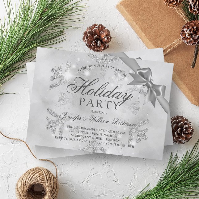 Silver Glitter & Ribbon | Xmas Holiday Invitation (Silver Glitter & Ribbon | Xmas Holiday Invitation)
