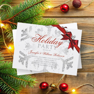 Silver Glitter & Ribbon   Xmas Holiday Red  Invitation