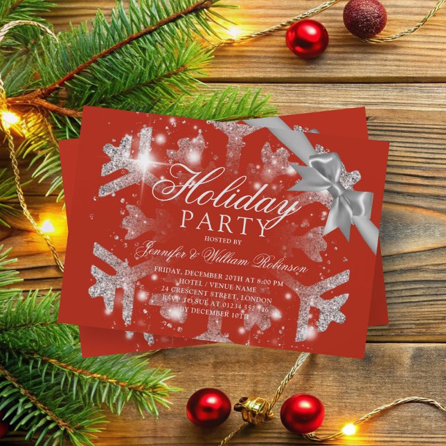 Silver Glitter & Ribbon | Xmas Holiday Red Invitation (Silver Glitter & Ribbon | Xmas Holiday Red Invitation)
