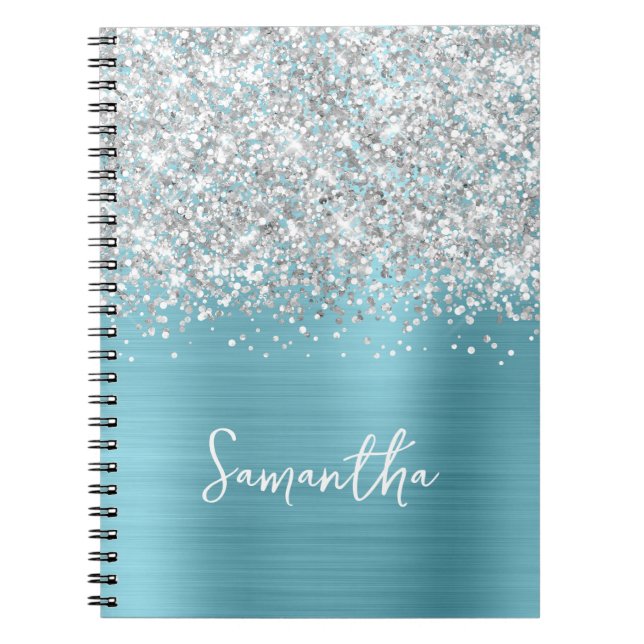 Silver Glitter Robin Egg Blue Glam Script Name Notebook (Front)