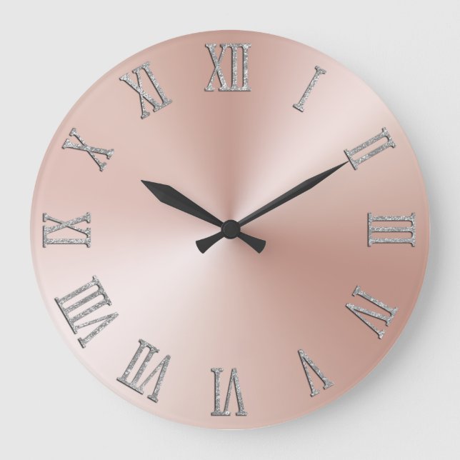 Silver Glitter Roman Numerals Pale Rose Gold Ombre Large Clock (Front)