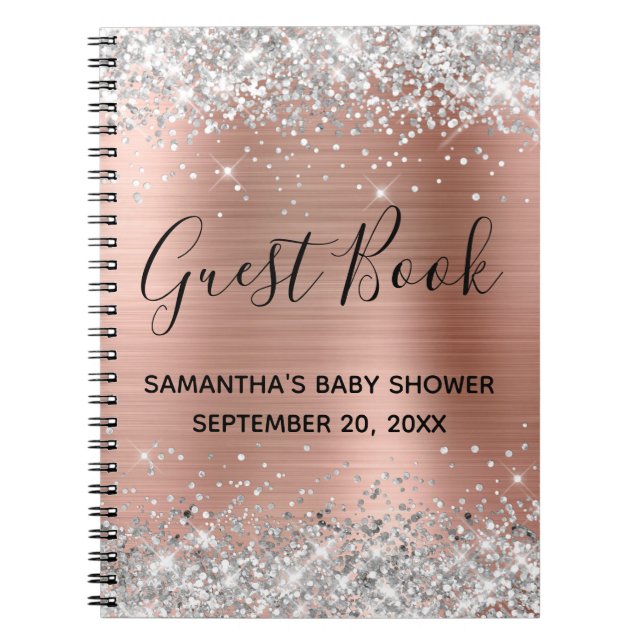 Silver Glitter Rose Gold Baby Shower Guestbook Notebook (Front)