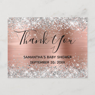 Silver Glitter Rose Gold Baby Shower Thank You Postcard
