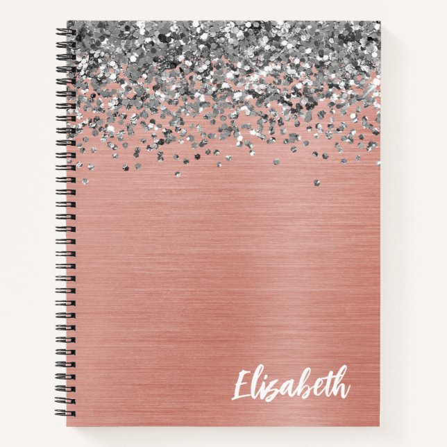Silver Glitter Rose Gold Brushed Metal Monogram No Notebook (Front)
