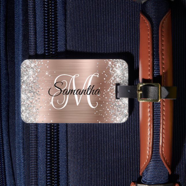 Silver Glitter Rose Gold Curly Monogram Luggage Tag (Front Insitu 4)