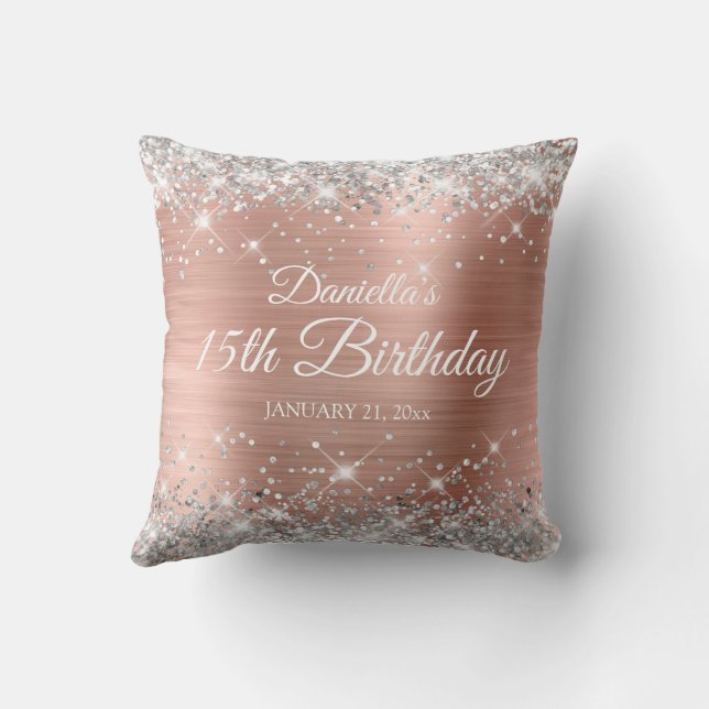 Silver Glitter Rose Gold Foil 15th Birthday Cushion (Back)