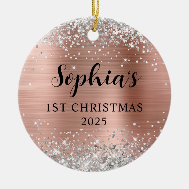 Silver Glitter Rose Gold Foil 1st Christmas Photo Ceramic Ornament (Front)