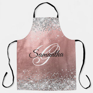 Silver Glitter Rose Gold Foil Fancy Monogram Apron