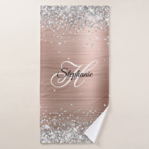 Silver Glitter Rose Gold Foil Fancy Monogram Bath Towel