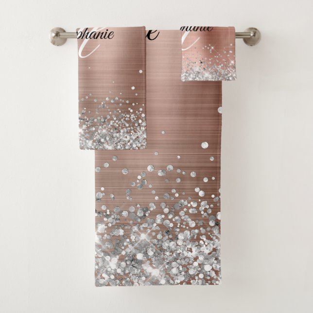 Silver Glitter Rose Gold Foil Fancy Monogram Bath Towel Set (Insitu)