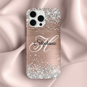 Silver Glitter Rose Gold Foil Fancy Monogram iPhone 16 Pro Max Case