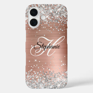 Silver Glitter Rose Gold Foil Fancy Monogram iPhone 16 Case