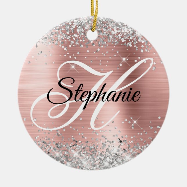 Silver Glitter Rose Gold Foil Fancy Monogram Ceramic Ornament (Front)