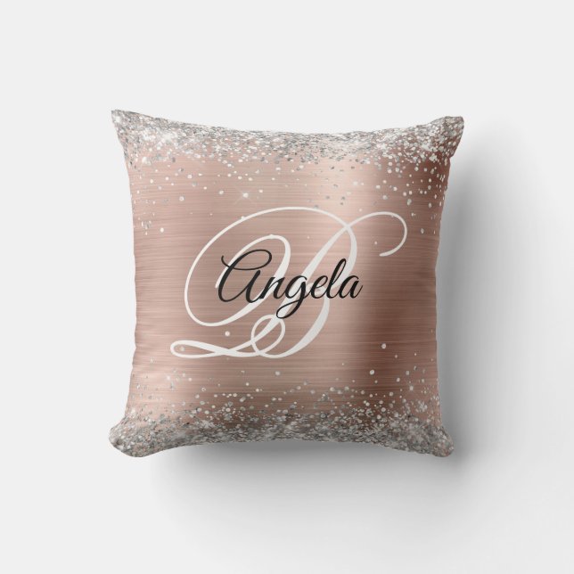 Silver Glitter Rose Gold Foil Fancy Monogram Cushion (Front)