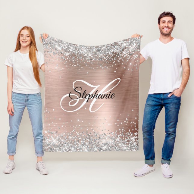 Silver Glitter Rose Gold Foil Fancy Monogram Fleece Blanket (In Situ)
