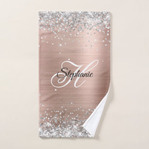 Silver Glitter Rose Gold Foil Fancy Monogram Hand Towel