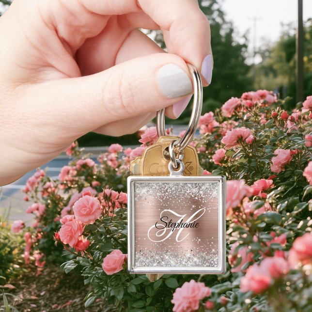 Silver Glitter Rose Gold Foil Fancy Monogram Key Ring (Silver Glitter Rose Gold Foil Fancy Monogram Keychain)