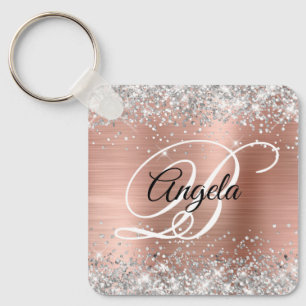 Silver Glitter Rose Gold Foil Fancy Monogram Key Ring