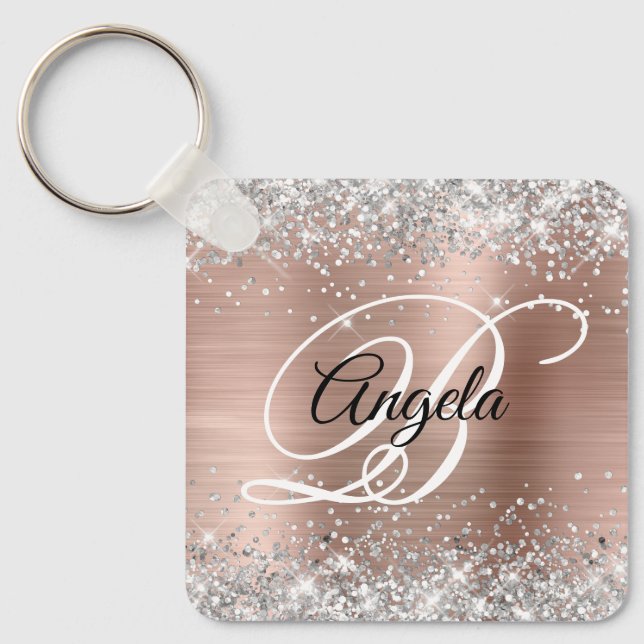 Silver Glitter Rose Gold Foil Fancy Monogram Key Ring (Front)