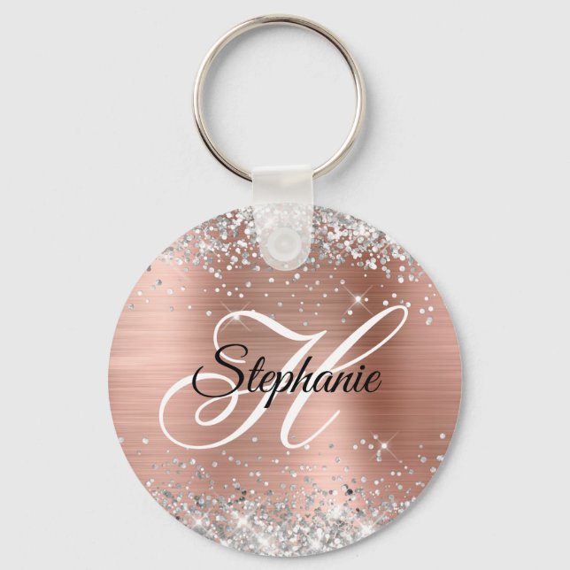 Silver Glitter Rose Gold Foil Fancy Monogram Key Ring (Front)