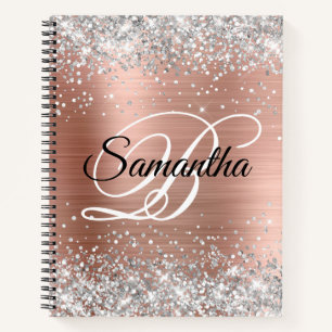 Silver Glitter Rose Gold Foil Fancy Monogram Notebook