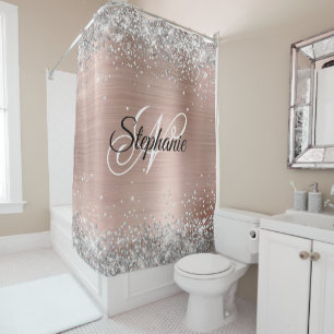 Silver Glitter Rose Gold Foil Fancy Monogram Shower Curtain